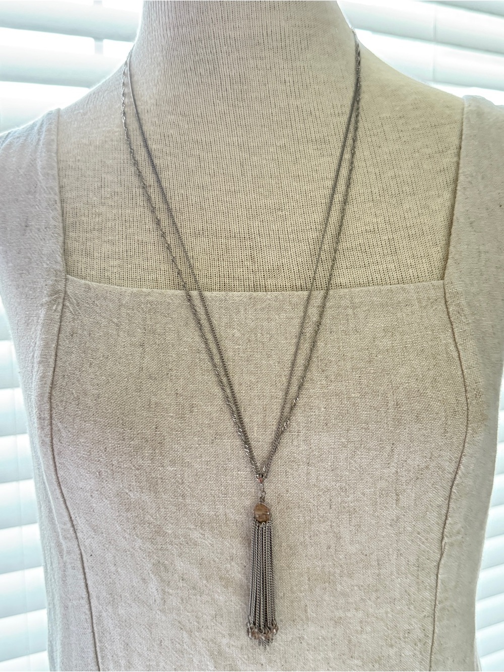 Vintage Style Gunmetal Silver Chain Tassel Necklace | Beaded Fringe Drop Pendant